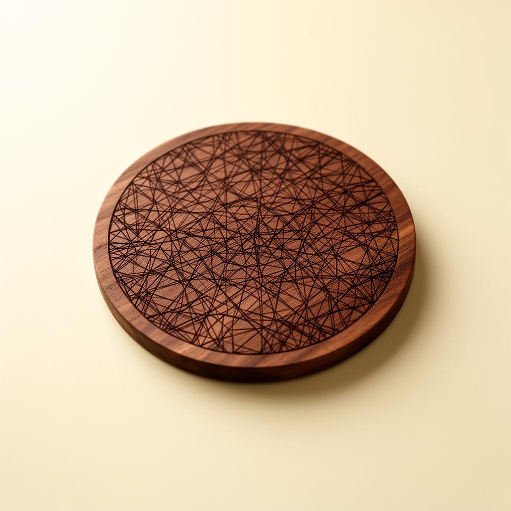 Freshly laser-engraved walnut coaster with a fine geometric pattern