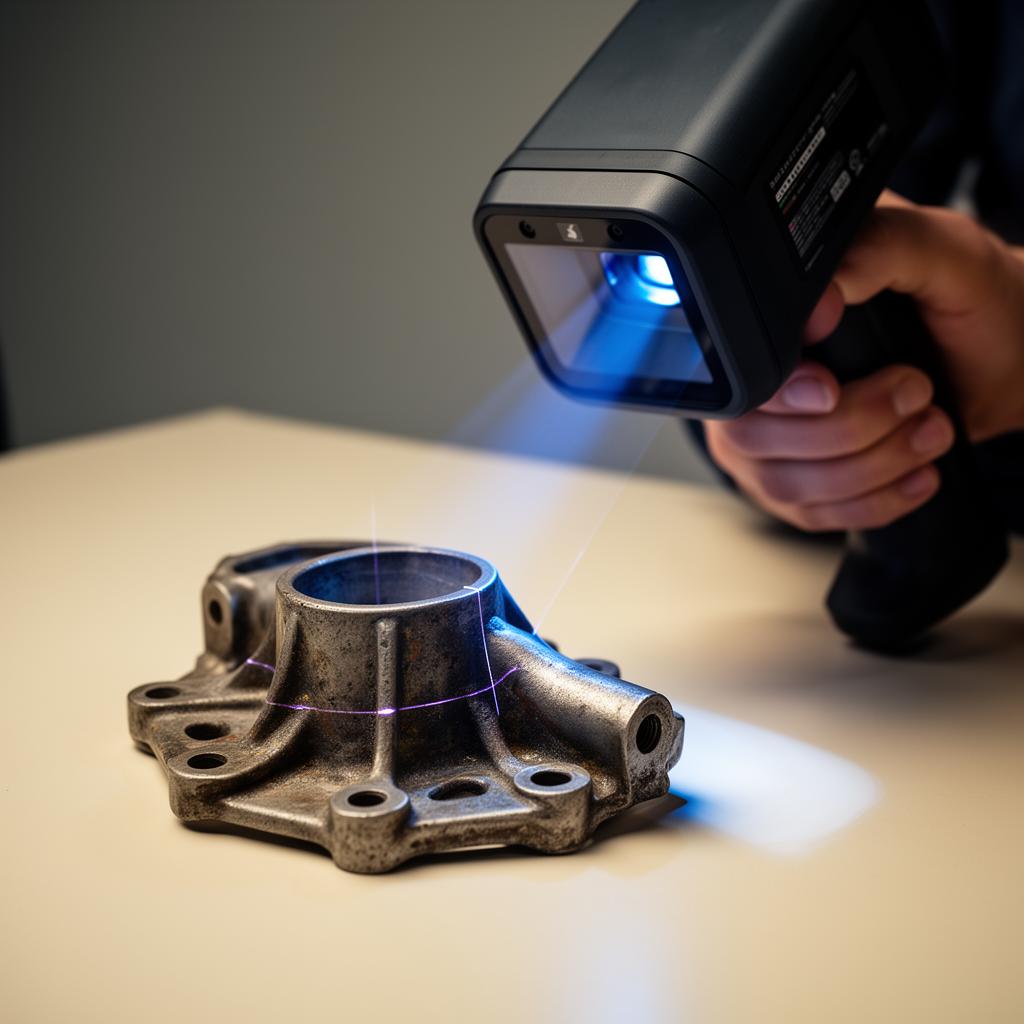 Handheld blue-laser 3D scanner capturing a metal engine bracket